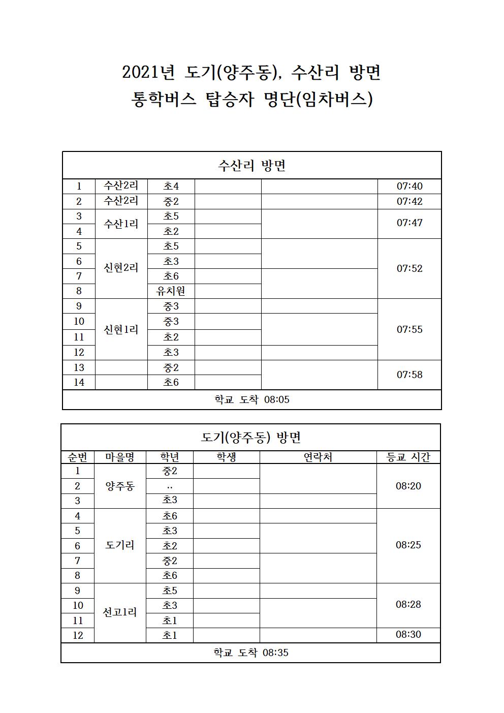 2021. 통학버스 노선 및 탑승자 명단(임차-양주동, 수산리 방면)001