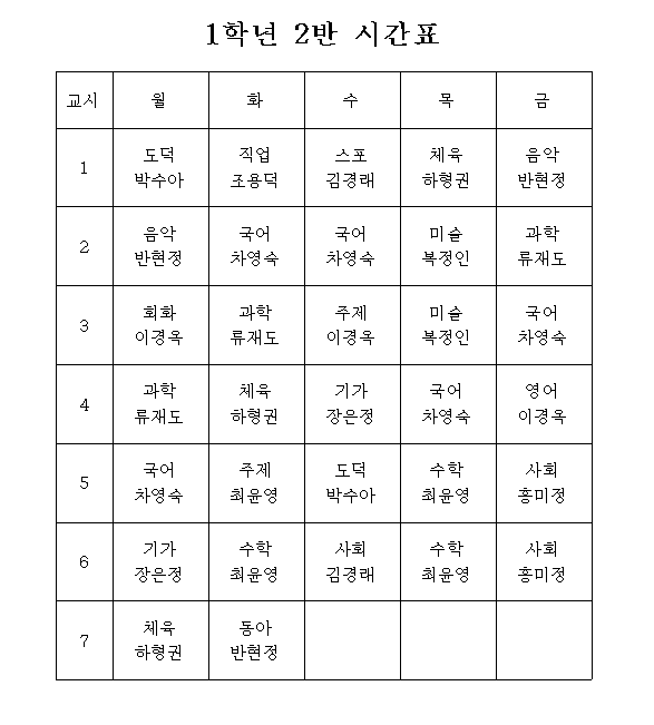 1학년 2반 시간표
