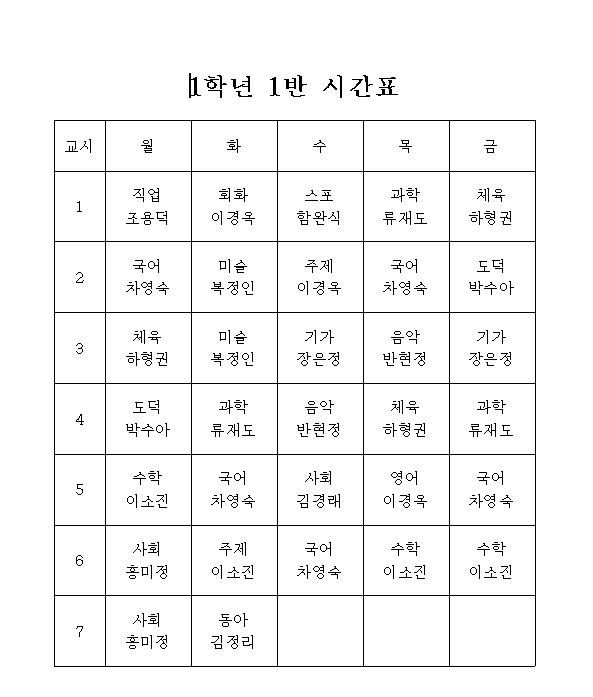 1학년 1반 시간표