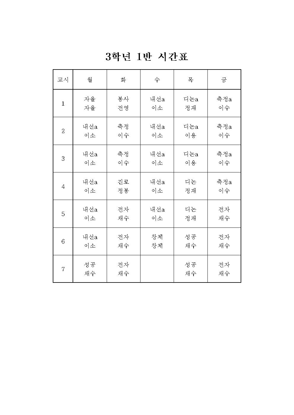 2021학년도 1학기 임시학급별시간표010