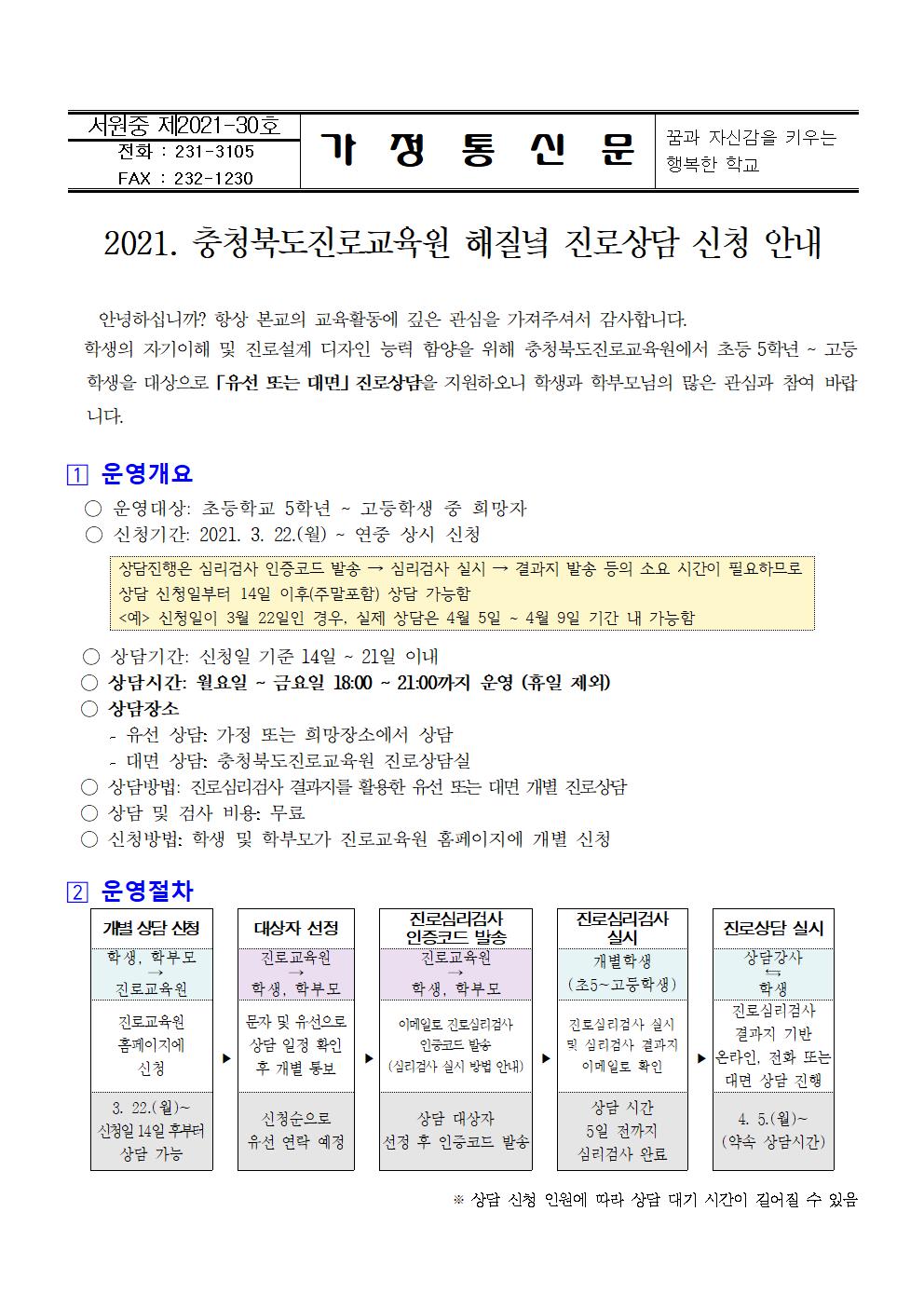 2021. 충청북도진로교육원 해질녘 진로상담 신청 안내 가정통신문001