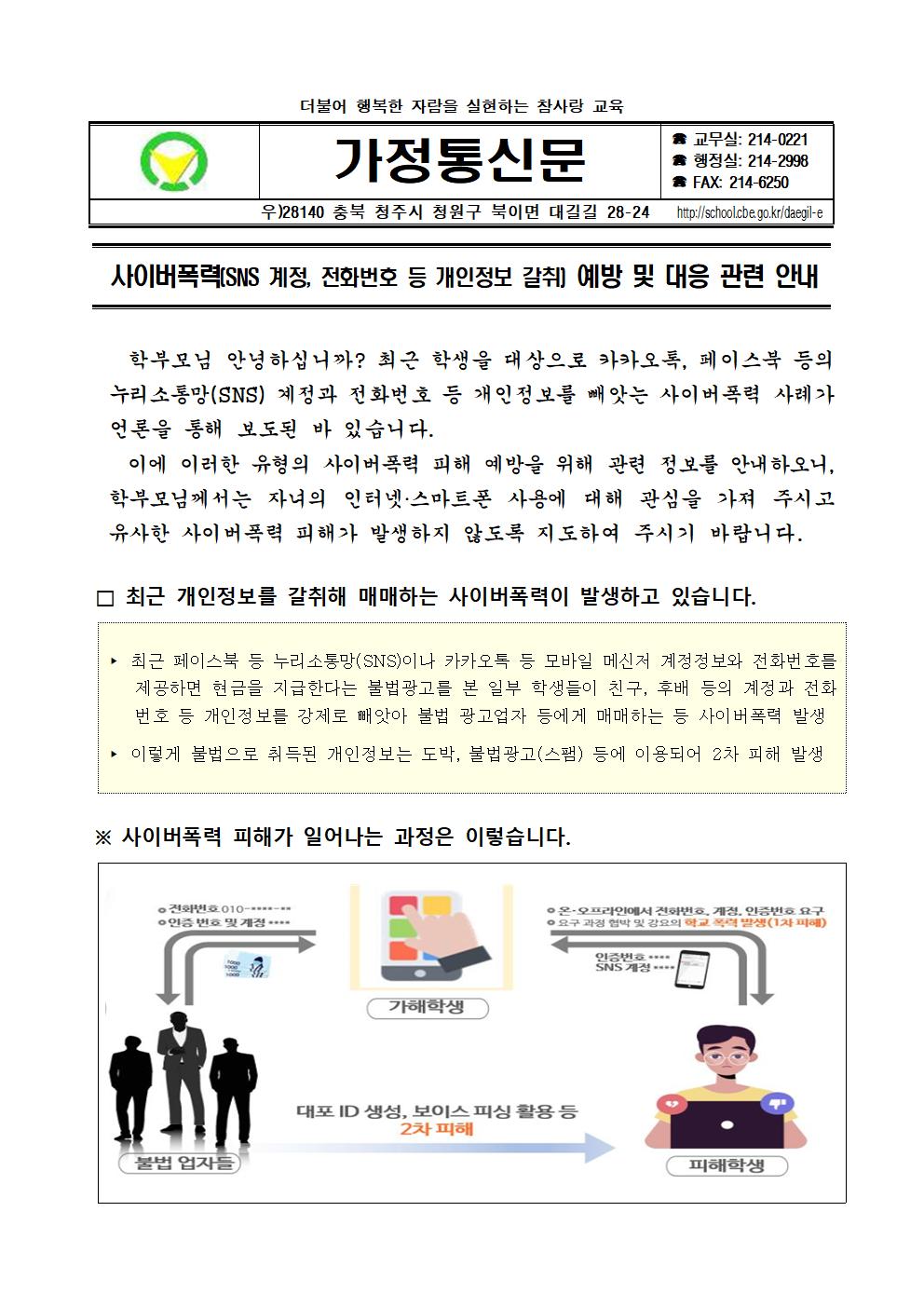 사이버폭력(SNS 계정, 전화번호 등 개인정보 갈취) 예방 및 대응 관련 안내 가정통신문001