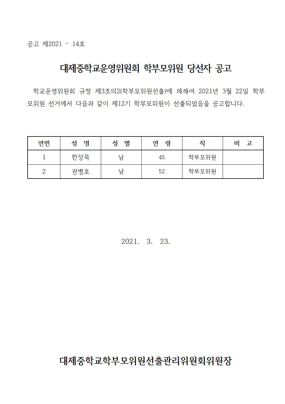 제12기 학부모위원 당선자 공고001