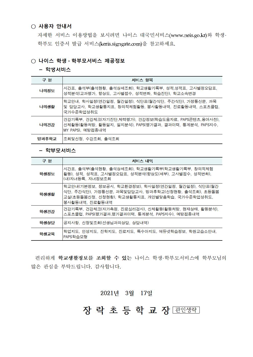 2021년 나이스 학생학부모서비스 이용 안내 가정통신문002