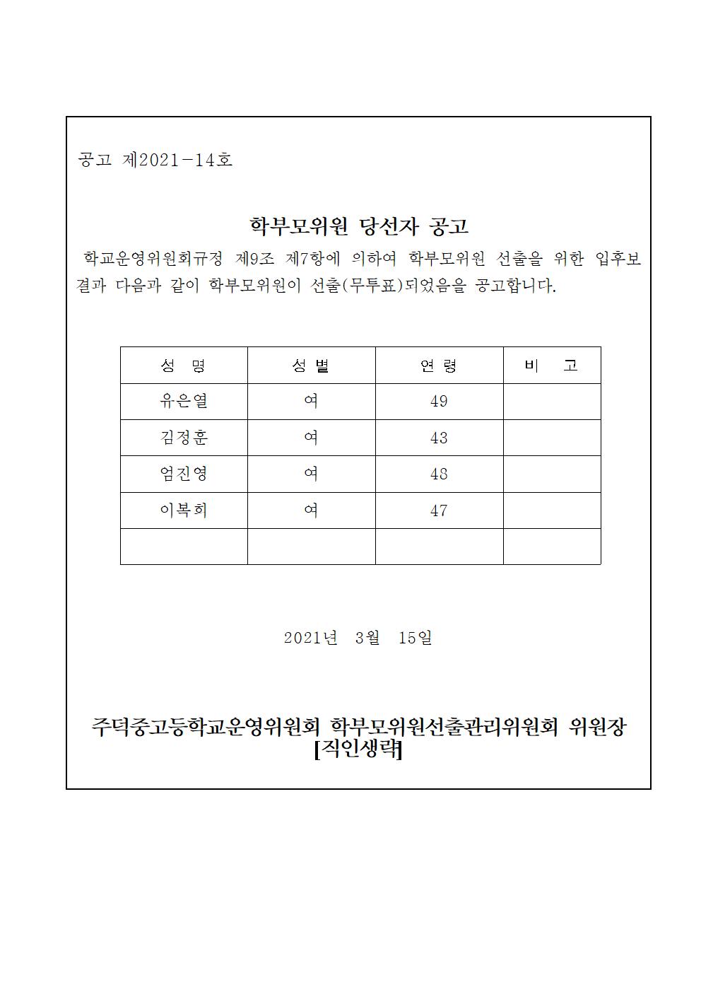 제12기 학교운영위원회 학부모위원 당선자 확정 공고001001