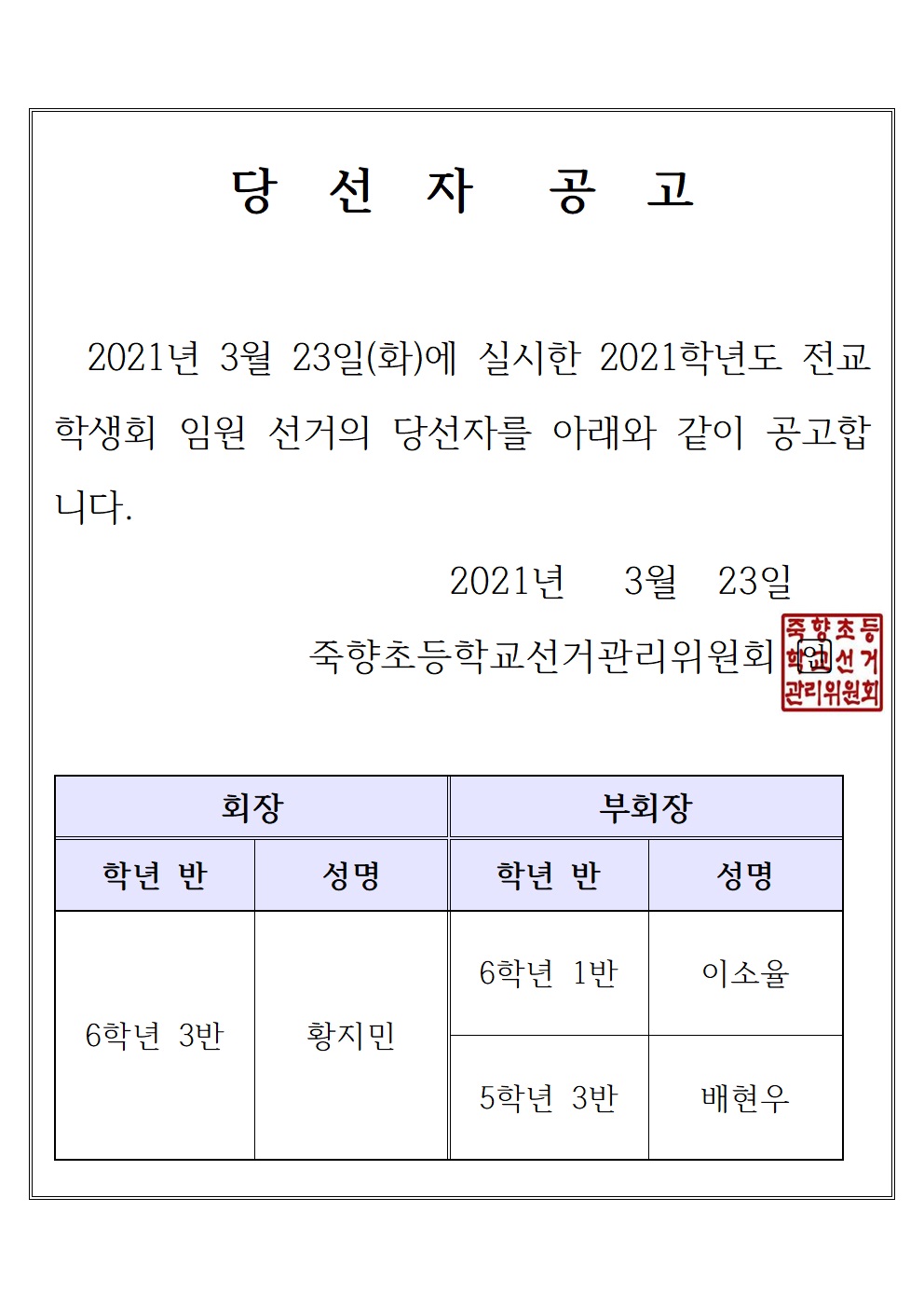 2021. 전교학생자치회 임원 당선자 공고문 사진001