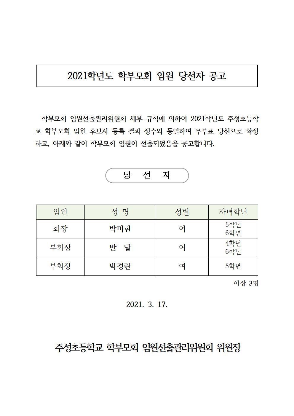 2021. 학부모회 임원 당선자 공고