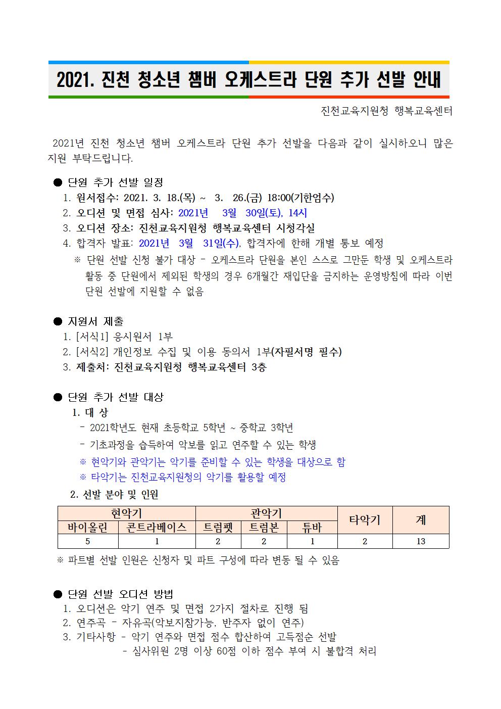 2021. 진천 청소년 챔버 오케스트라 단원 추가 선발 안내문001