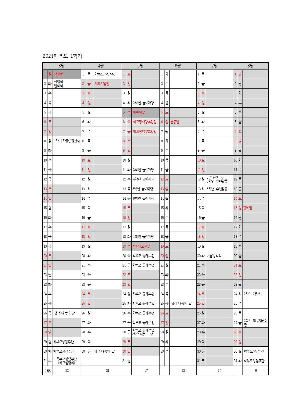 2021 학사일정(1학기)