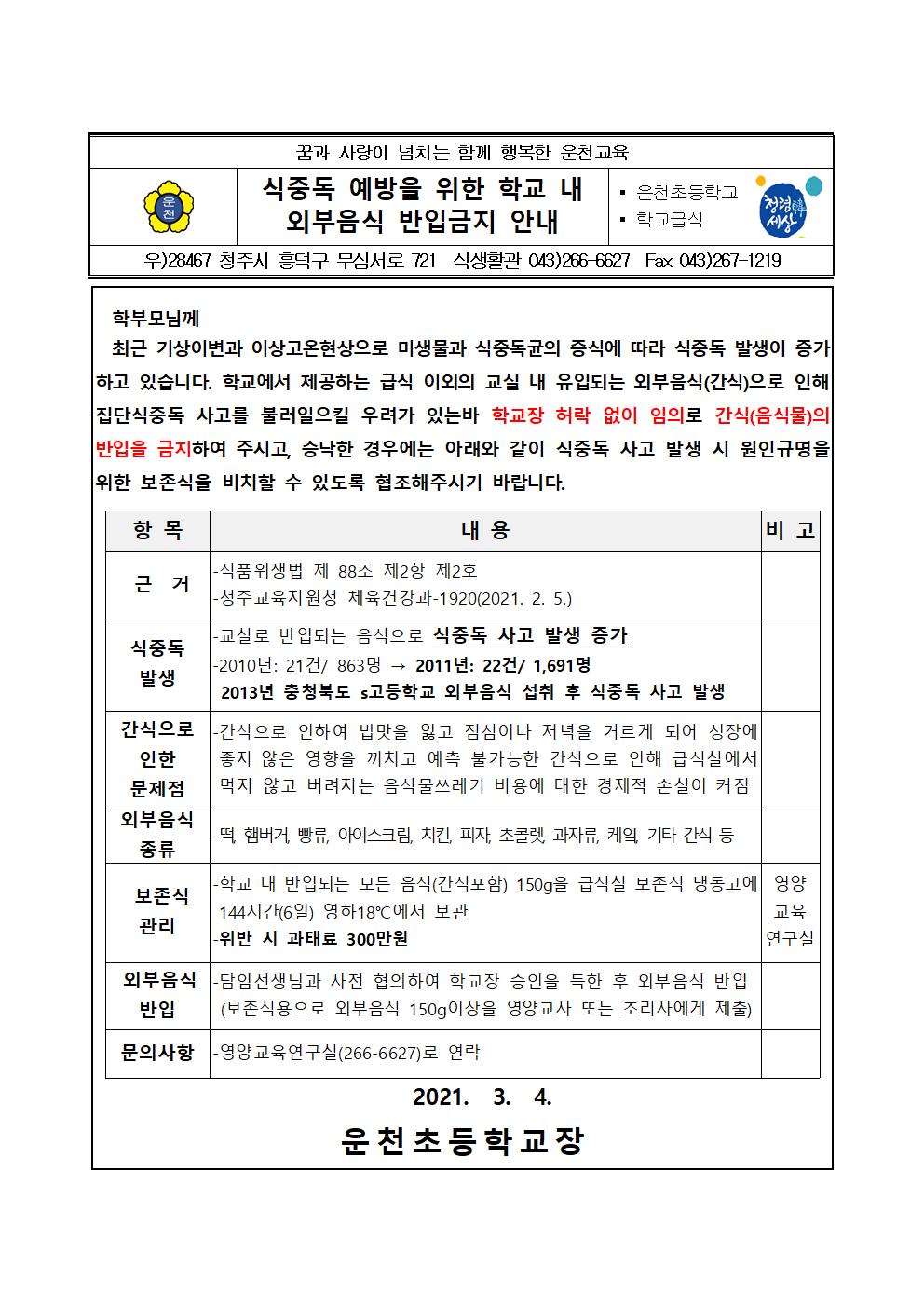 2021. 식중독 예방을 위한 학교 내 외부음식 반입금지 안내001