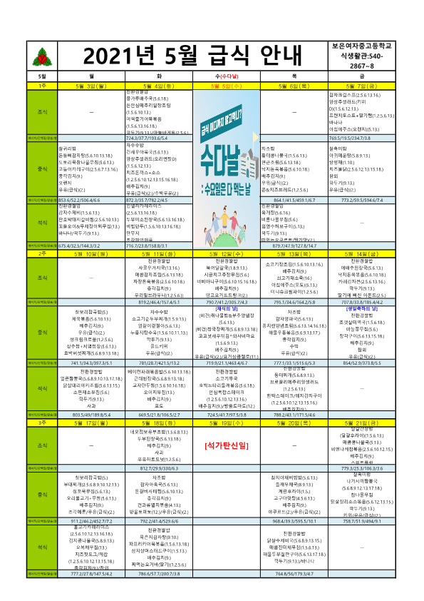2021년 5월 학교급식 식단표(보은여고)_1