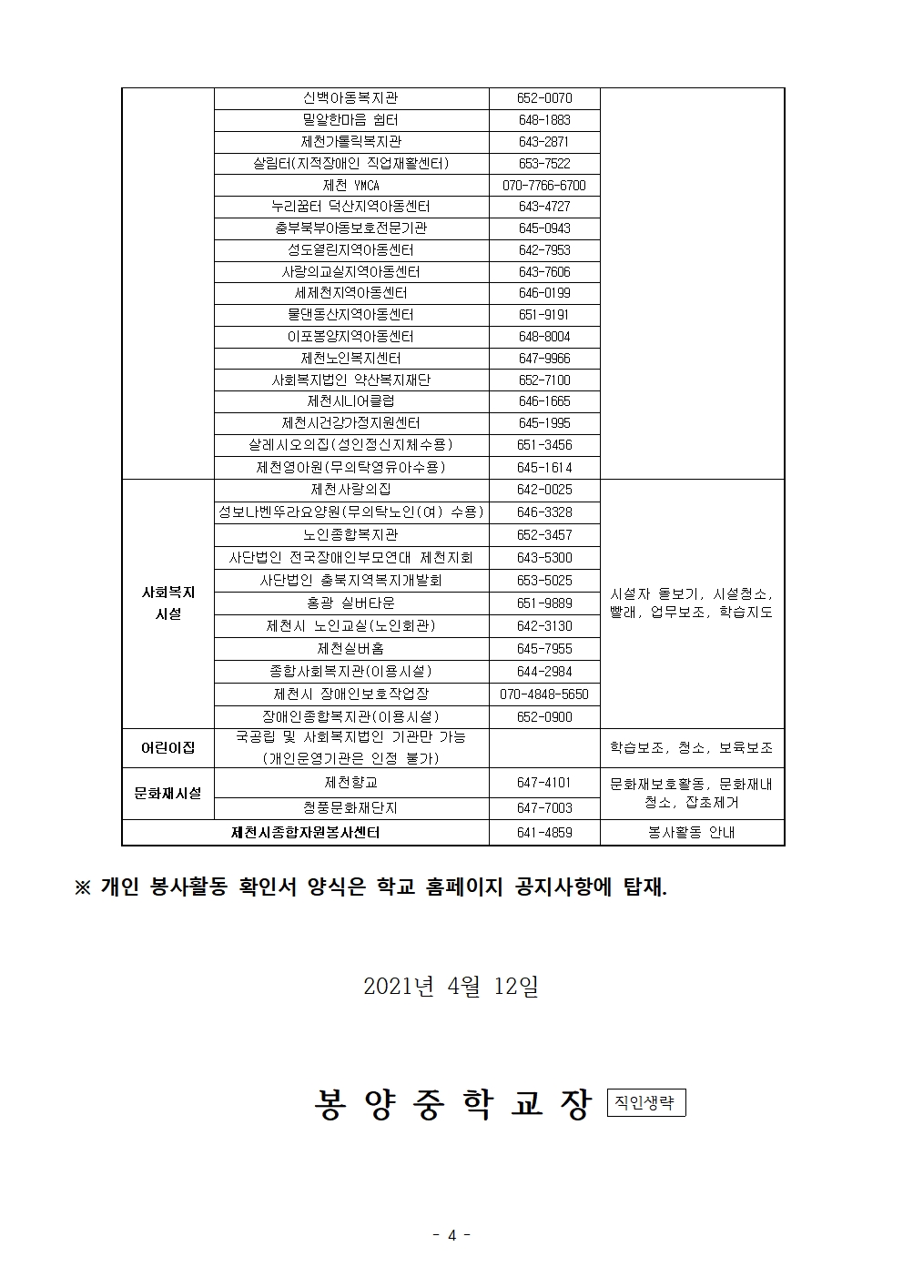 2021. 학생 (개인) 봉사활동 가정통신문004