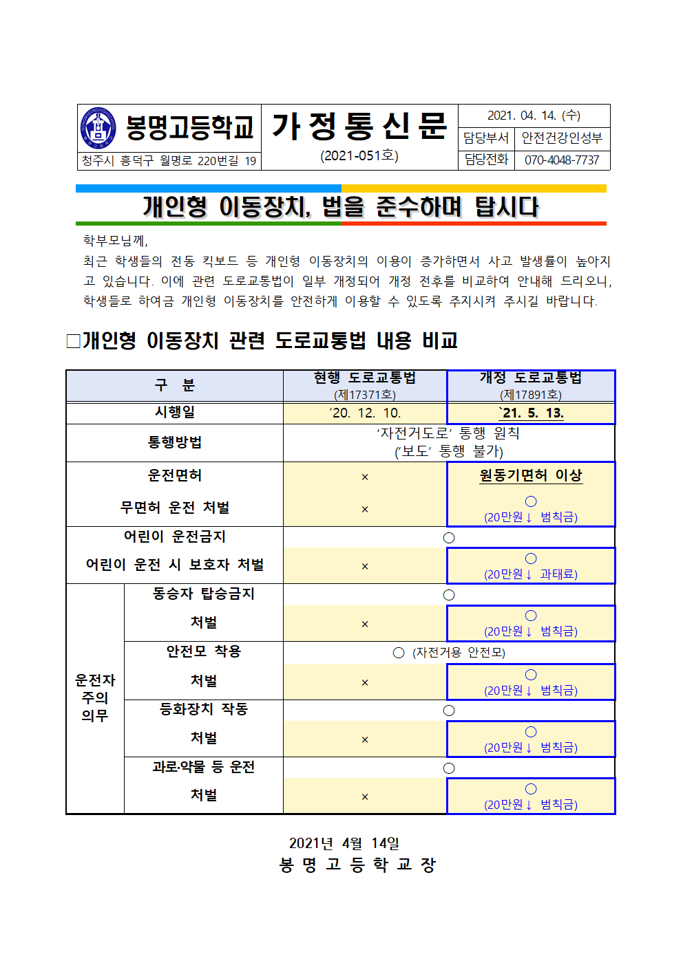 2021. 개인형 이동장치 관련 도로교통법 개정 안내 가정통신문001