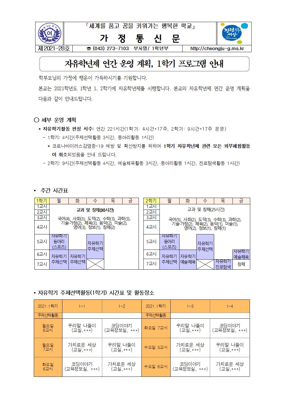 28-2021. 자유학년제 연간 운영 계획, 1학기 프로그램 안내001