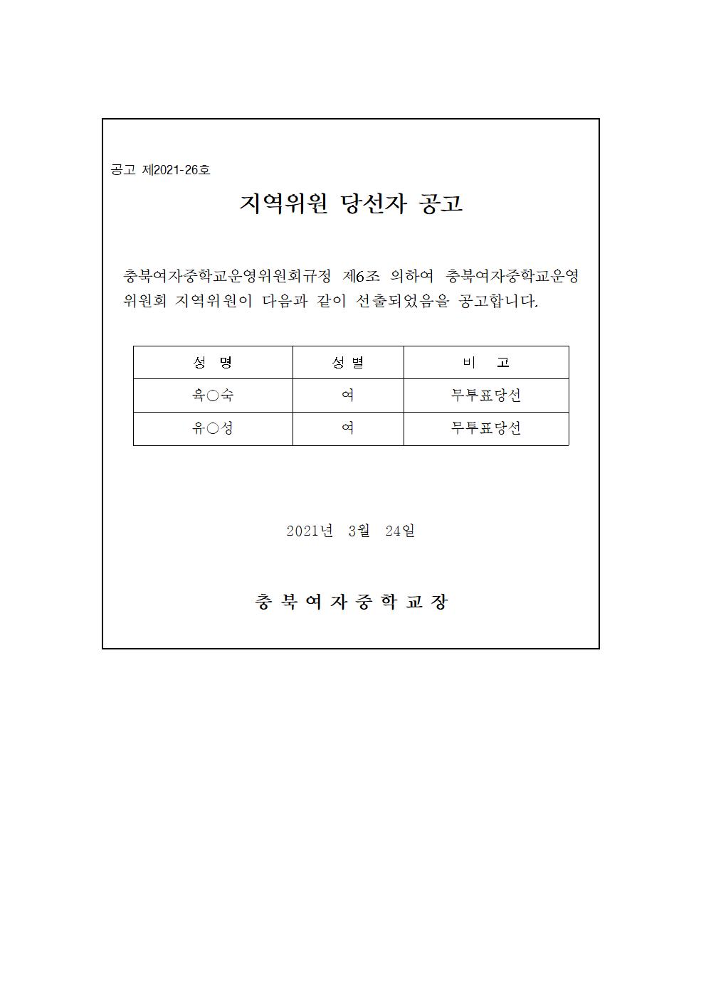 제13기 학교운영위원회 지역위원 당선자 공고001