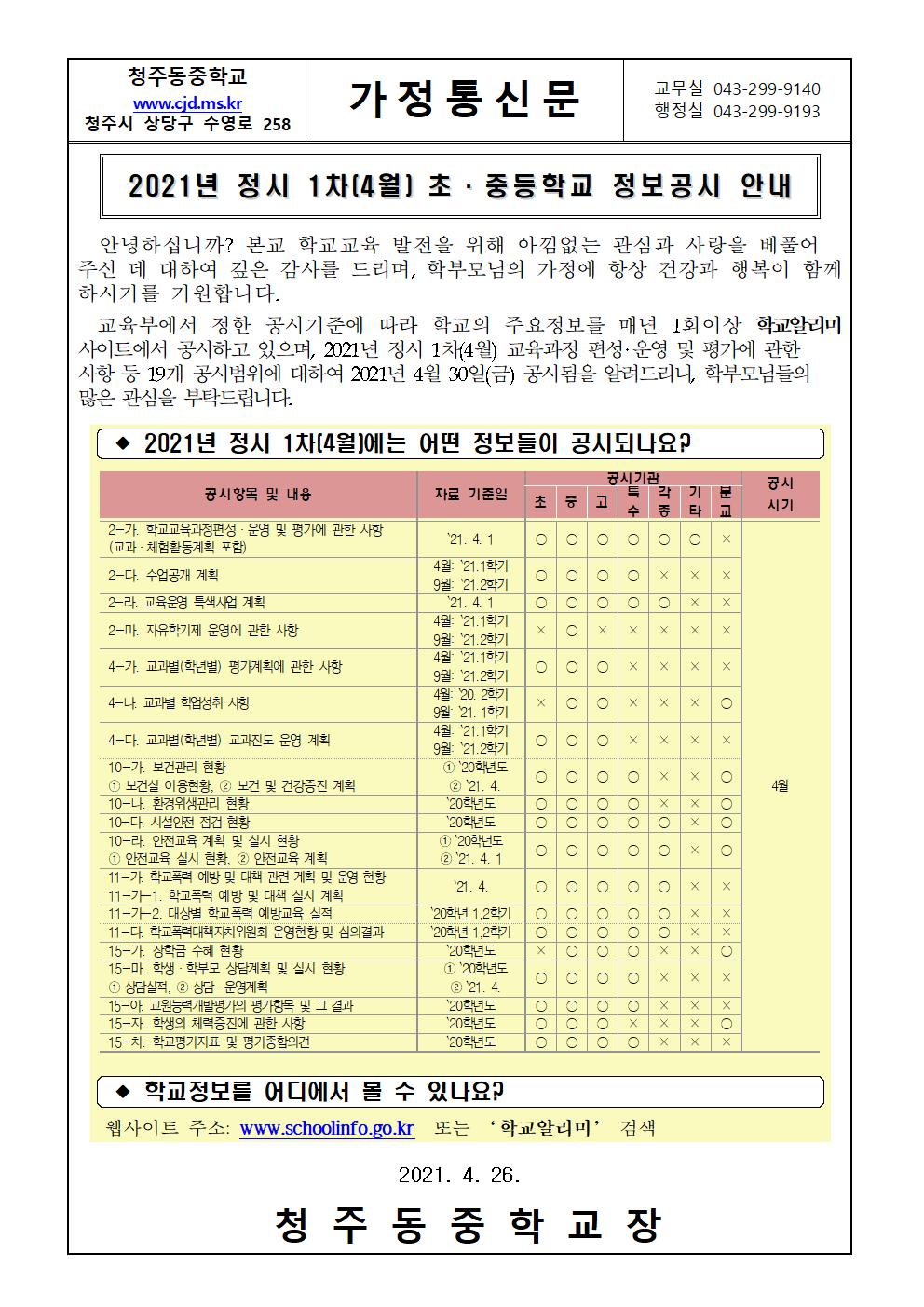 2021. 정시 1차(4월) 초ㆍ중등학교 정보공시 안내 가정통신문001