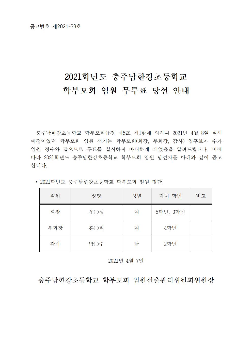 2021학년도 충주남한강초등학교 학부모회 임원 무투표 당선 안내001