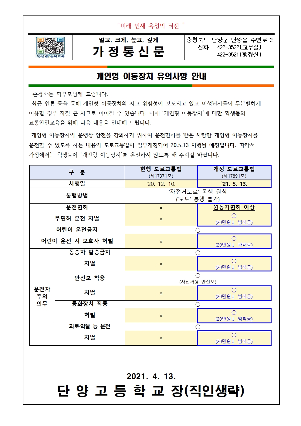 2021. 개인형 이동장치 유의사항 안내 가정통신문001