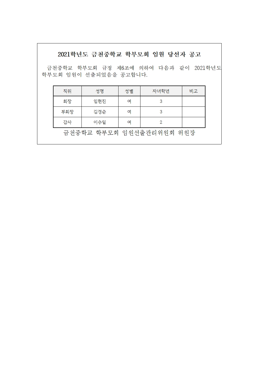 2021학년도 금천중학교 학부모회 임원 당선자 공고