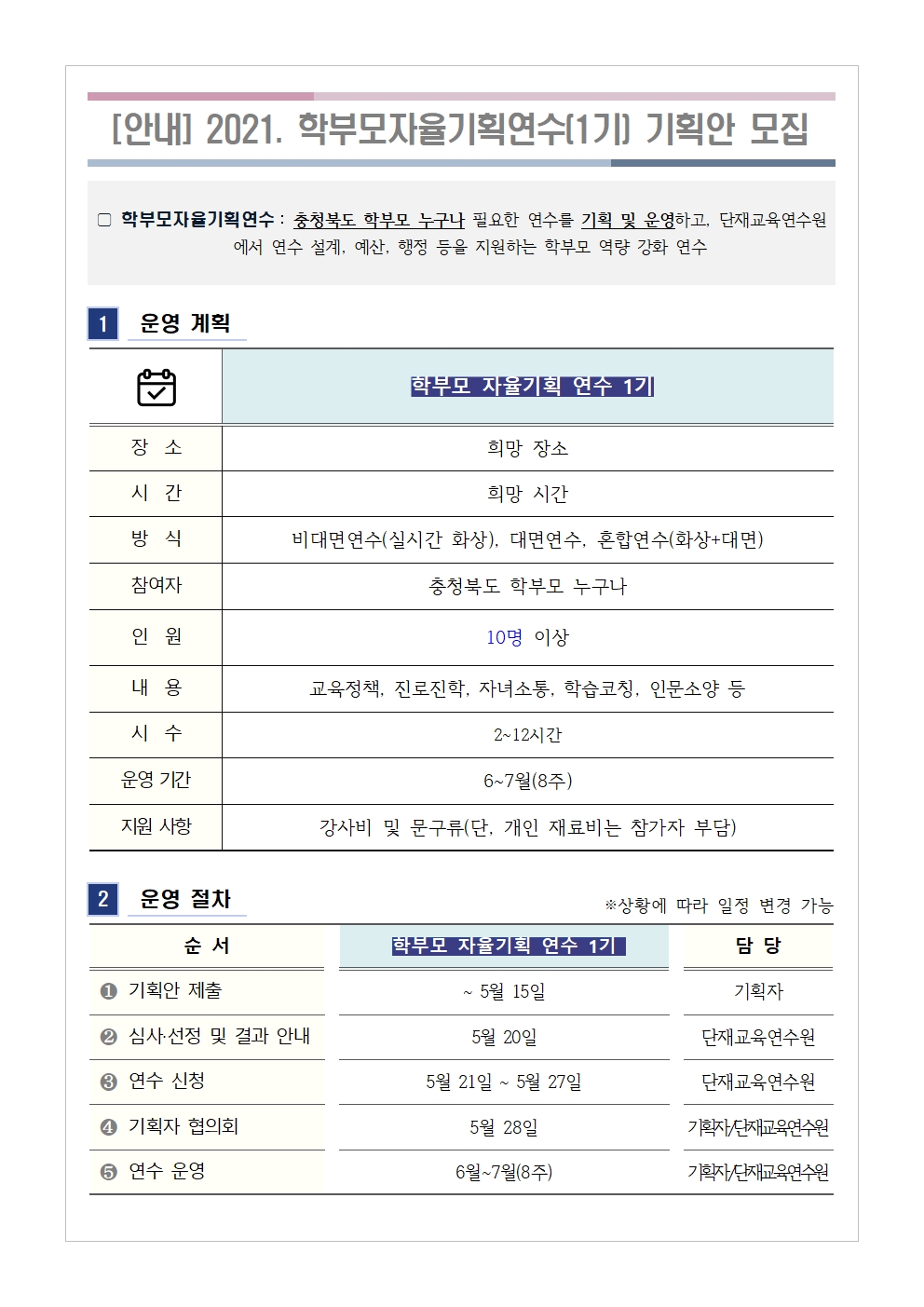 충청북도단재교육연수원 기획지원부_[안내] 학부모자율기획연수(1기) 기획안 모집001