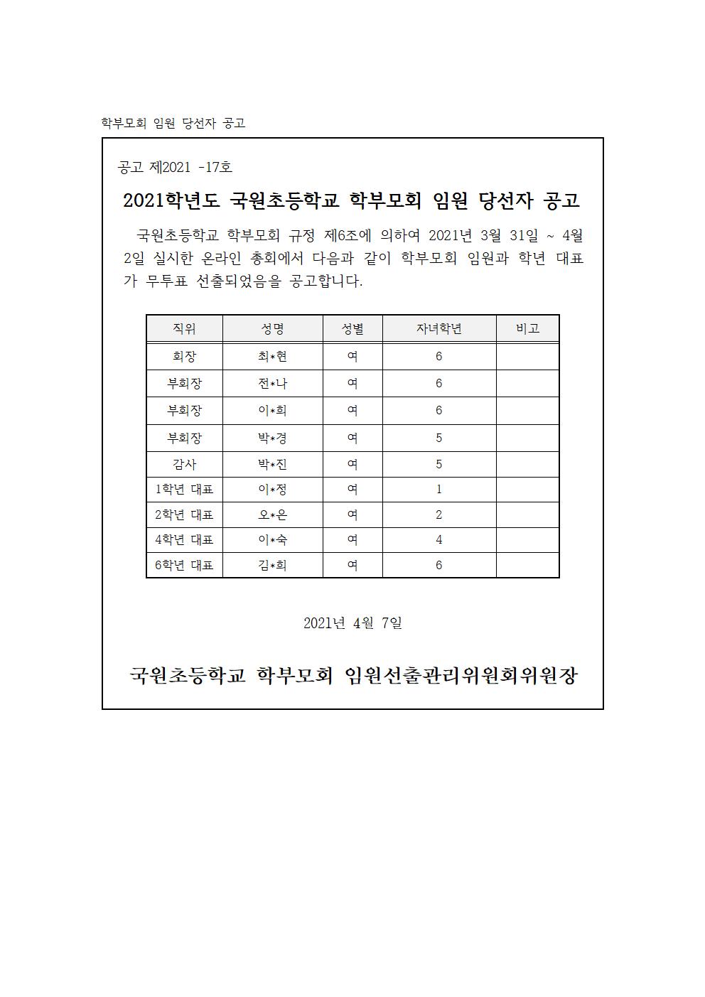 2021. 학부모회 임원당선 공고(홈페이지용)001