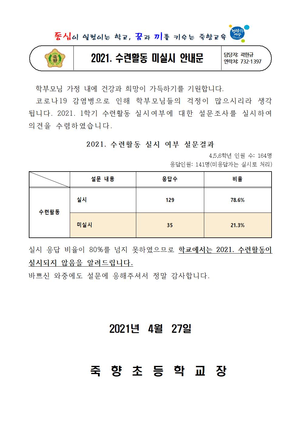 2021. 수련활동 미실시 안내 가정통신문001