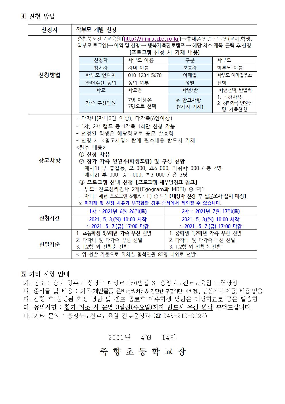 충청북도진로교육원 2021. 행복가족 진로캠프 안내002