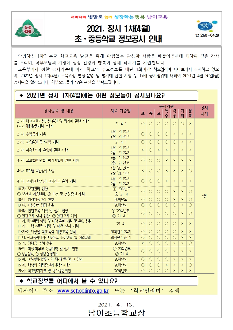 2021. 정시 1차(4월) 초중등학교 정보공시 안내 가정통신문001