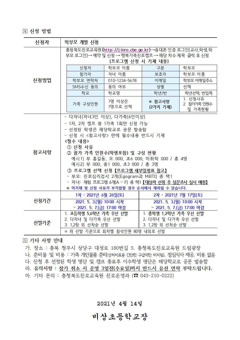 가정통신문(2021. 행복가족 진로캠프 신청 안내)002