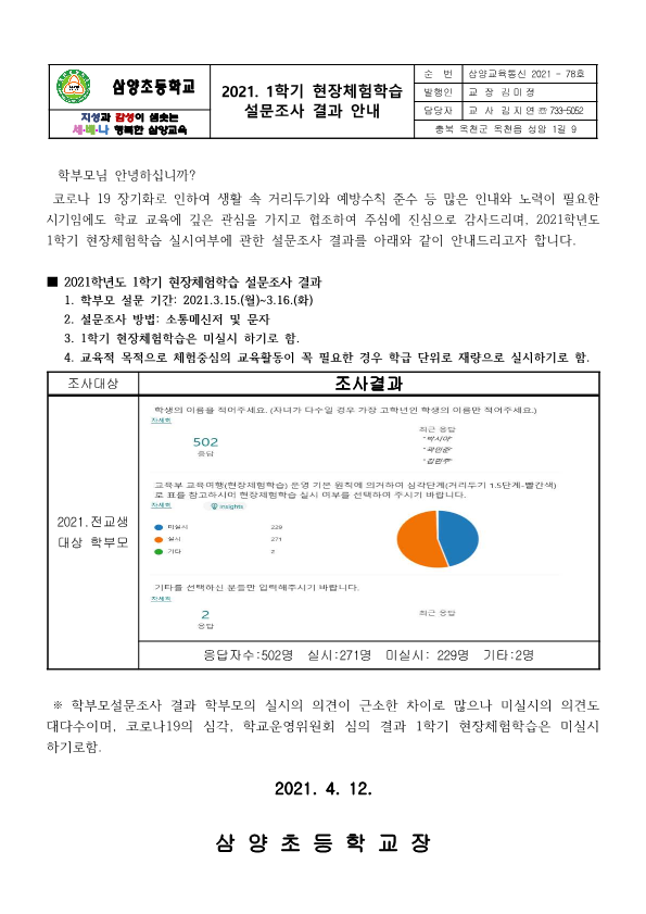 2021. 1학기 현장체험학습 설문조사 결과 안내 가정통신문_1