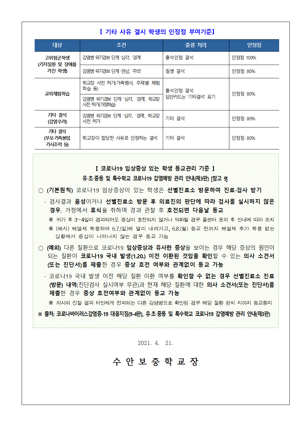 가정통신문(2021학년도 1학기 코로나19 대응 중학교 학생평가 안내)002