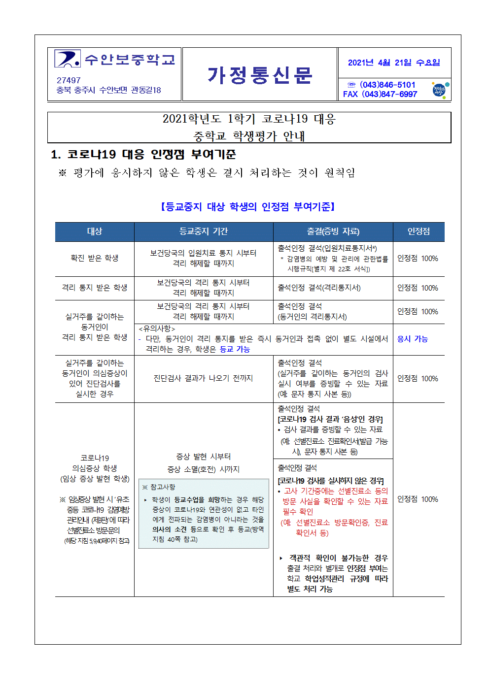 가정통신문(2021학년도 1학기 코로나19 대응 중학교 학생평가 안내)001