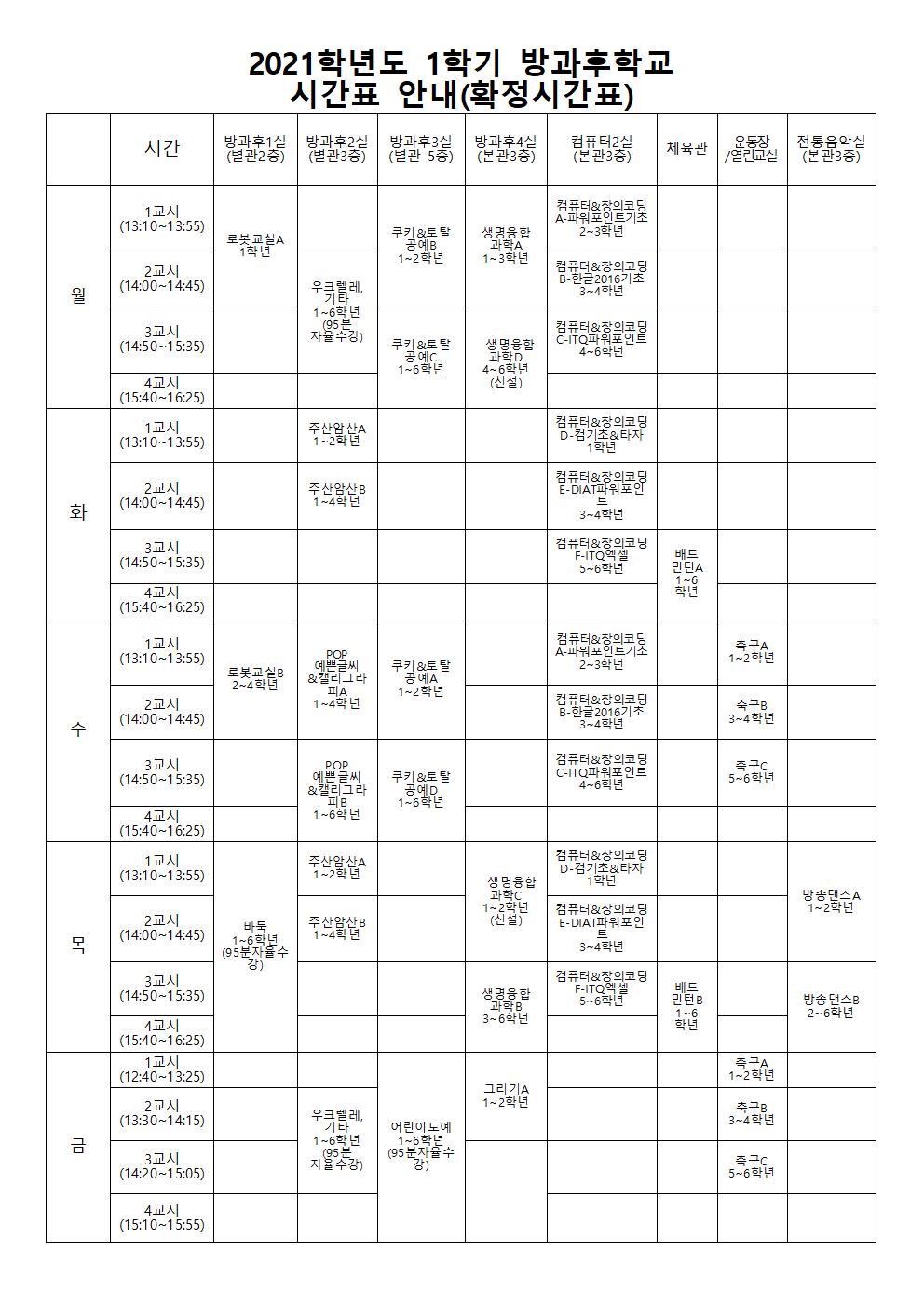 2021학년도 1학기 방과후학교 시간표