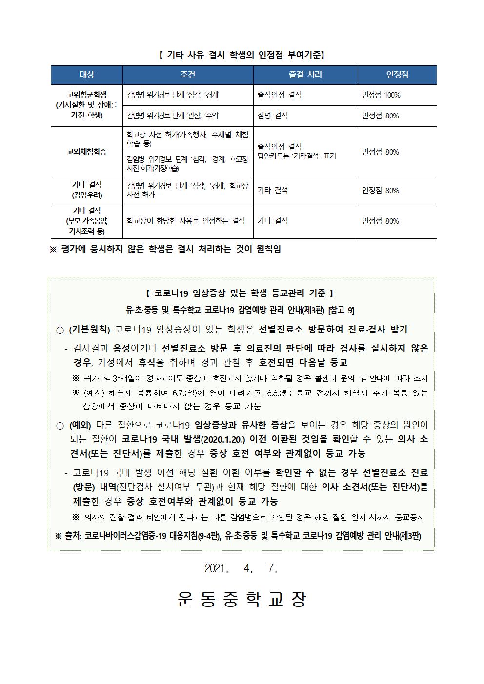 2021학년도 1학기 코로나19 대응 학생평가 안내 가정통신문002