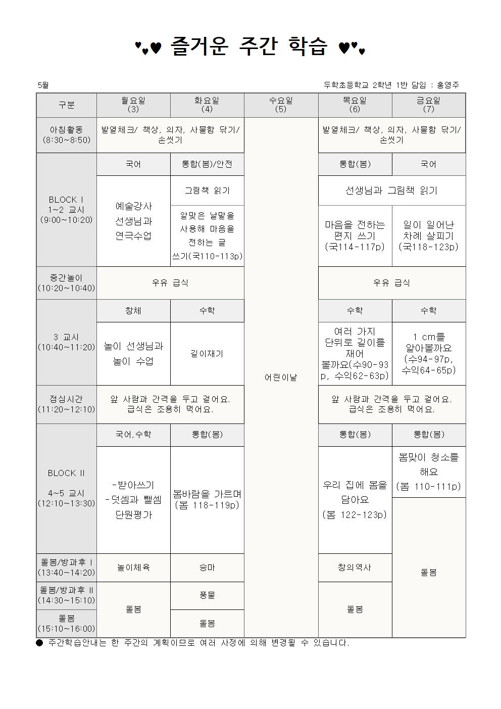 2학년 5월 1주 주간학습안내001