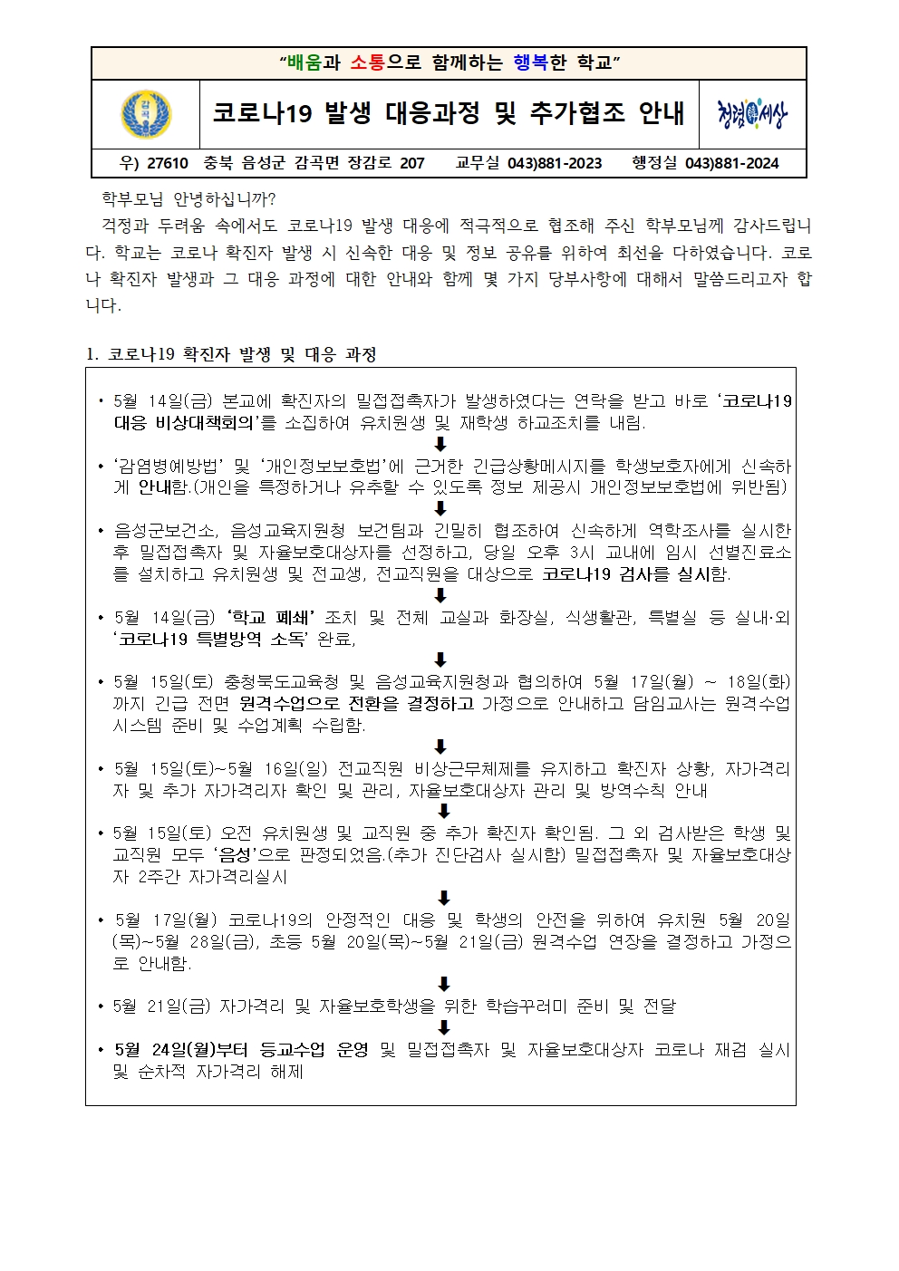 코로나19 확진자 발생에 따른 추가협조 안내 가정통신문001