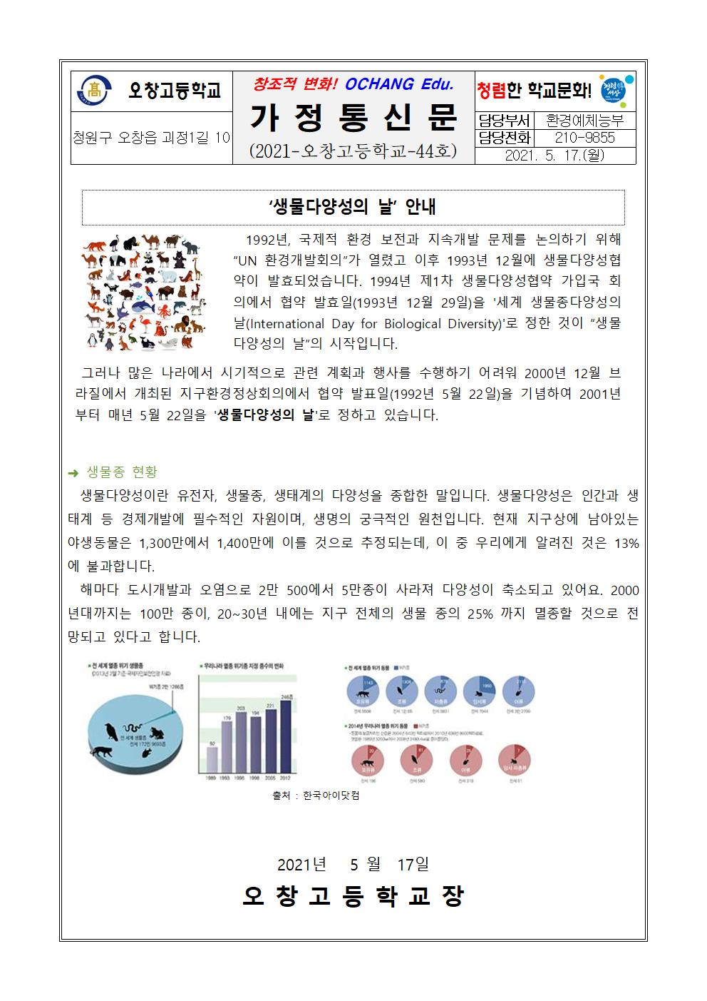 환경기념일 가정통신문(5월22일 생물다양성의 날)001