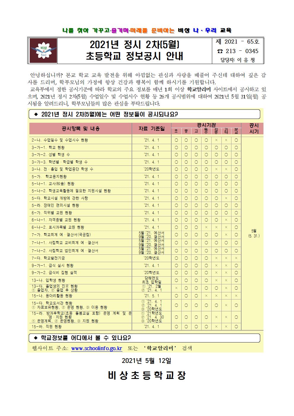 통) 2021 정시2차(5월) 초등학교 정보공시 안내001