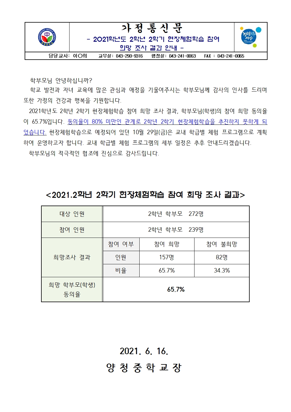 가정통신문(2021. 2학년 2학기 현장체험학습 참여 희망 조사 결과 안내)001