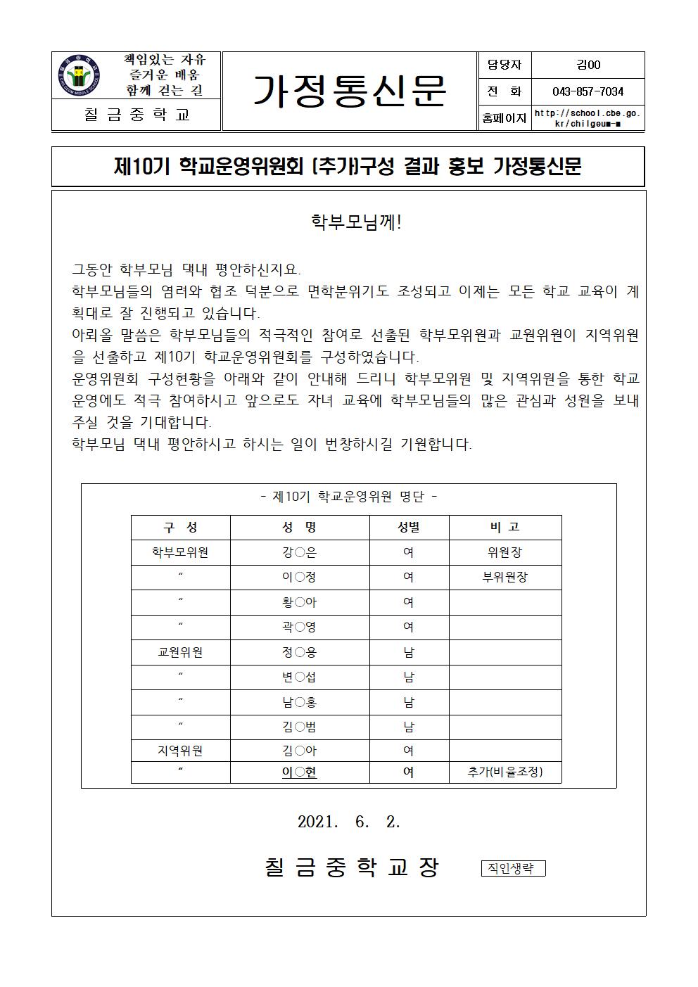 제10기 학교운영위원회 (추가)구성 결과 안내장001