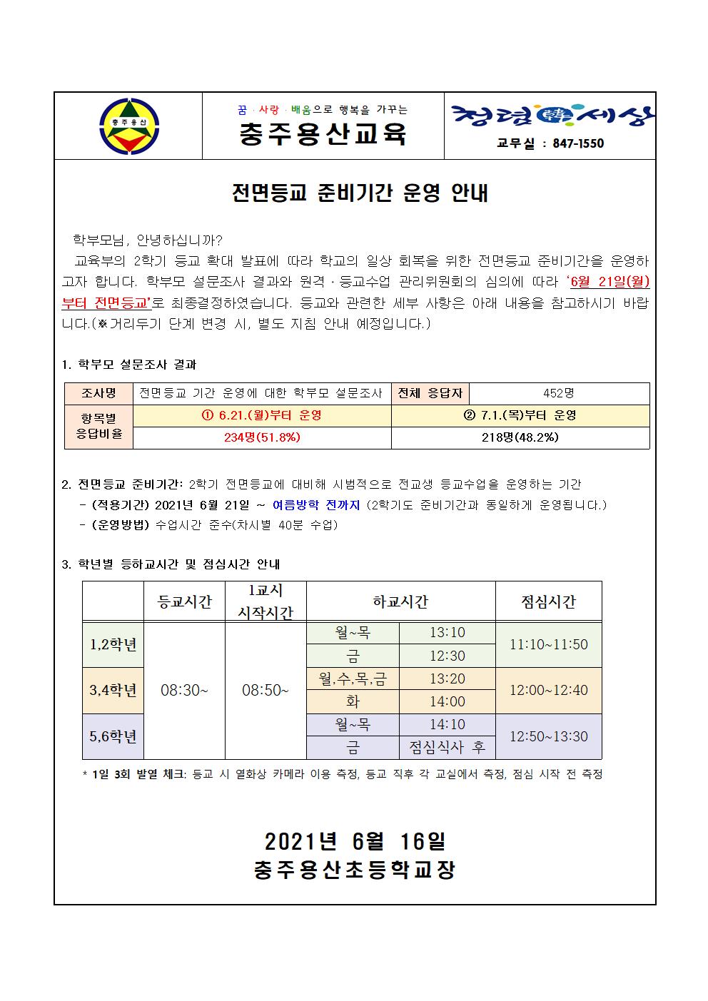 (가정통신문) 전면등교 준비기간 운영 안내(충주용산초)001