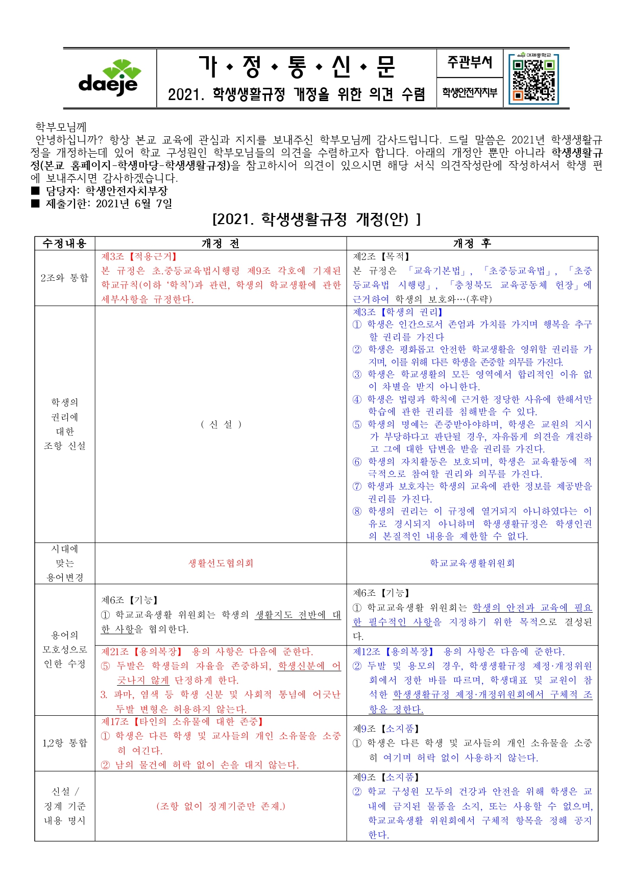 2021. 학생생활규정개정을 위한 의견 수렴지(학부모용)_page-0001