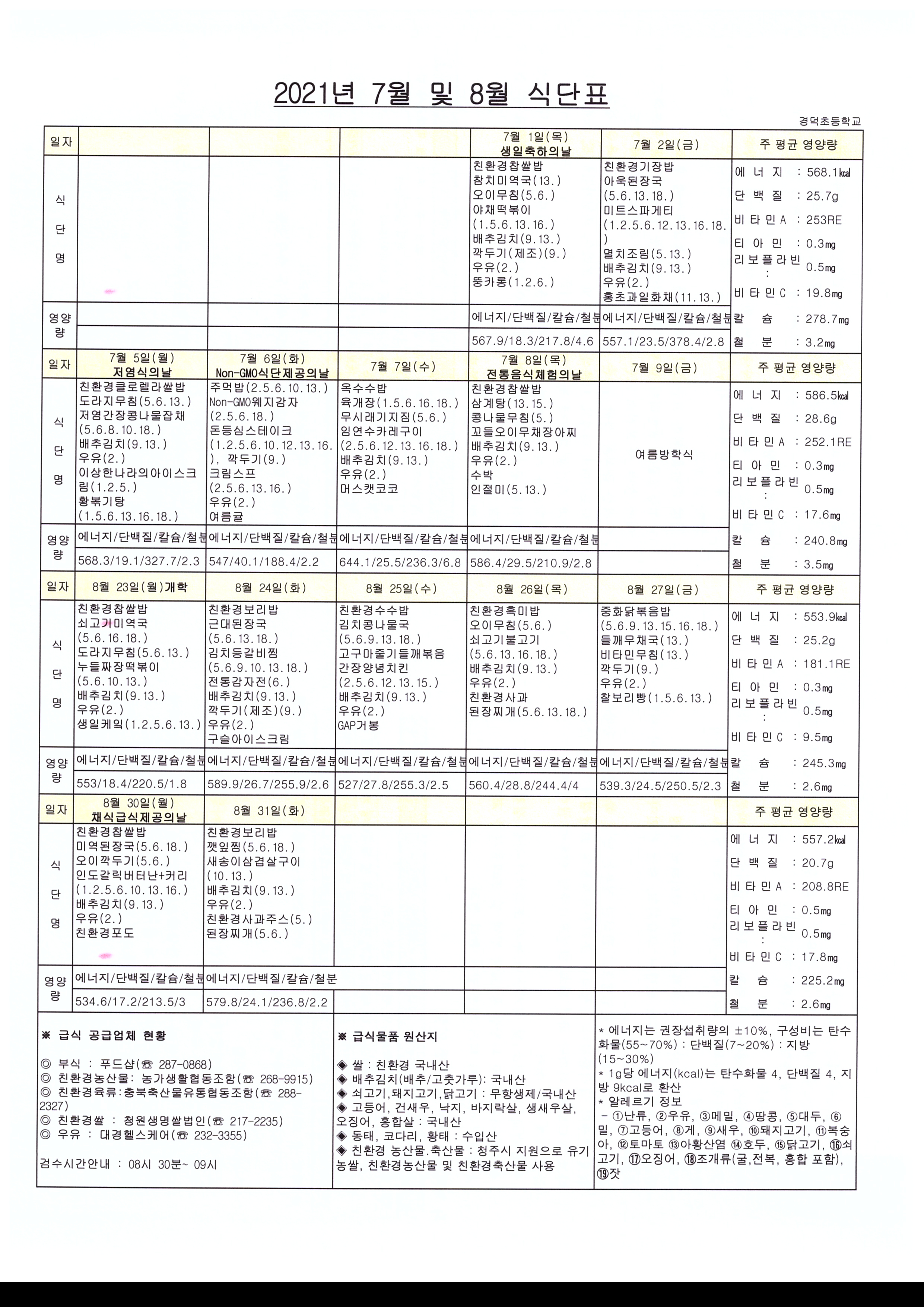 7월 및 8월 식단표