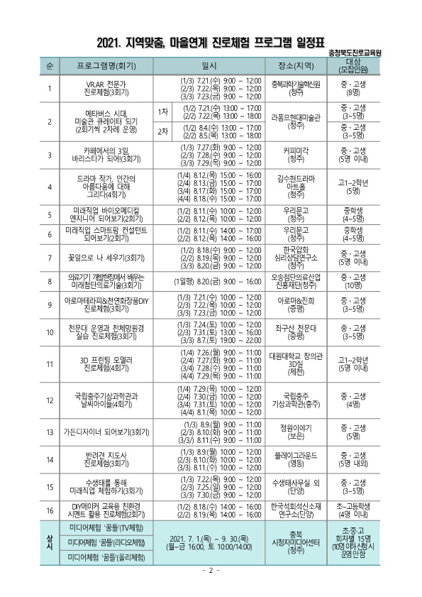 2021. 충청북도진로교육원 「2021. 지역맞춤, 마을연계 진로체험」 안내 가정통신문_2