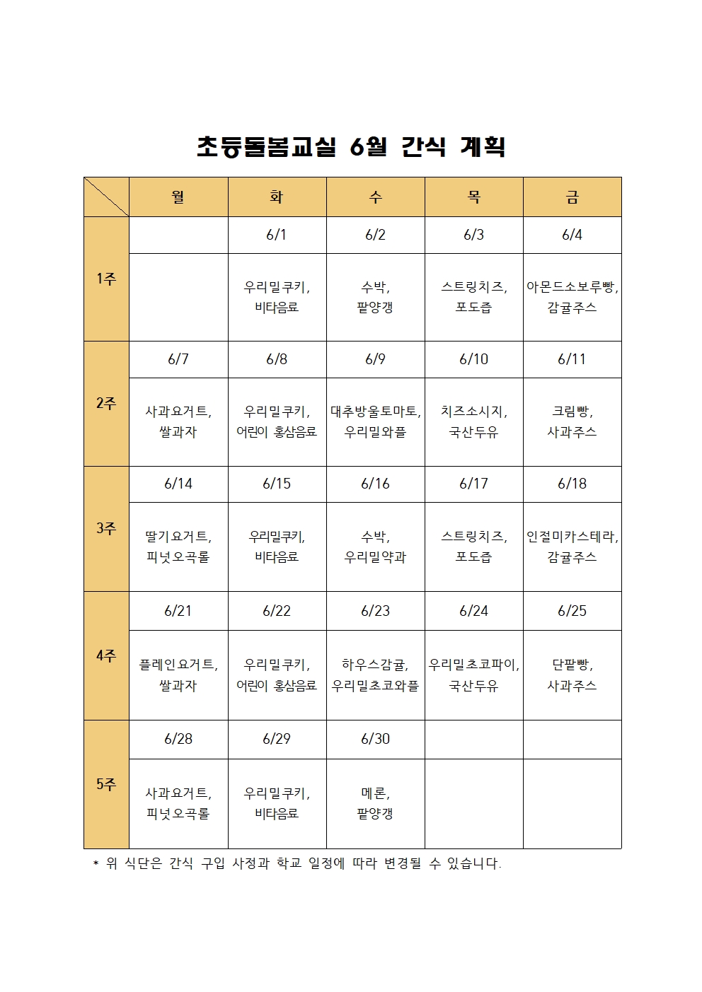 초등돌봄교실 6월 간식 계획(2021)001