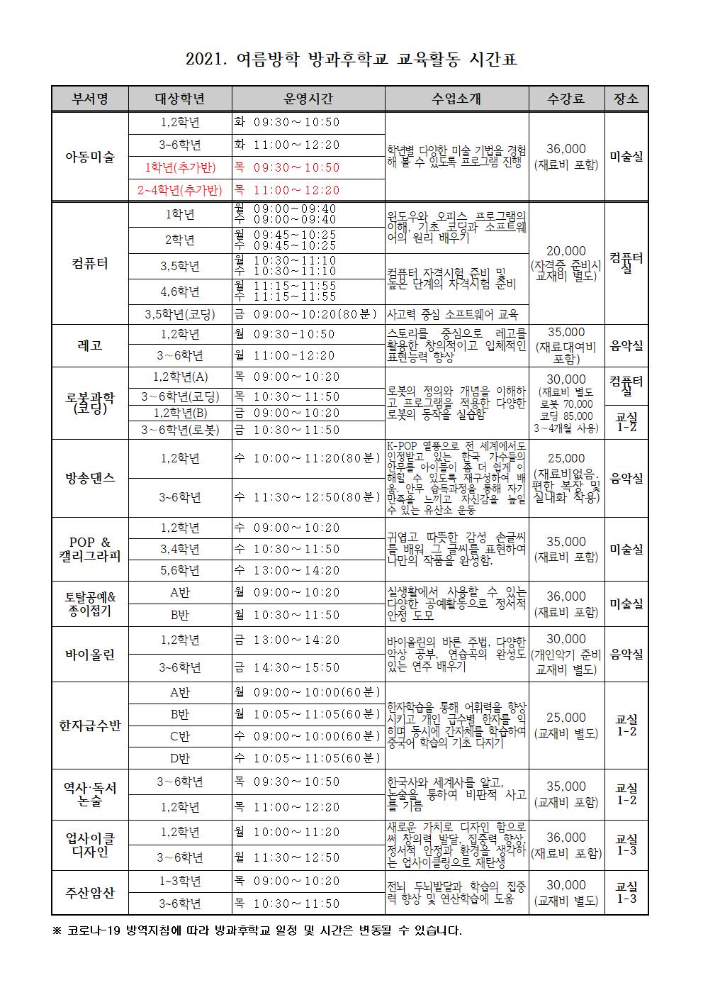 2021. 방과후학교 여름방학 시간표(수정)001