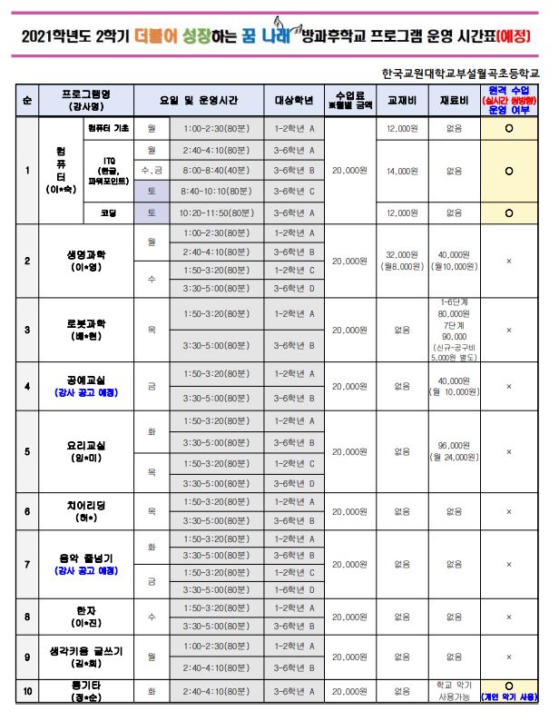 2학기 방과후학교 시간표(예정)1