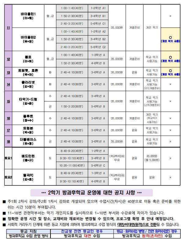 2학기 방과후학교 시간표(예정)2