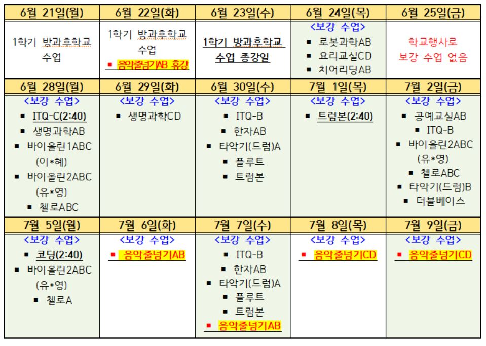 1학기 방과후 보강수업 운영 변경