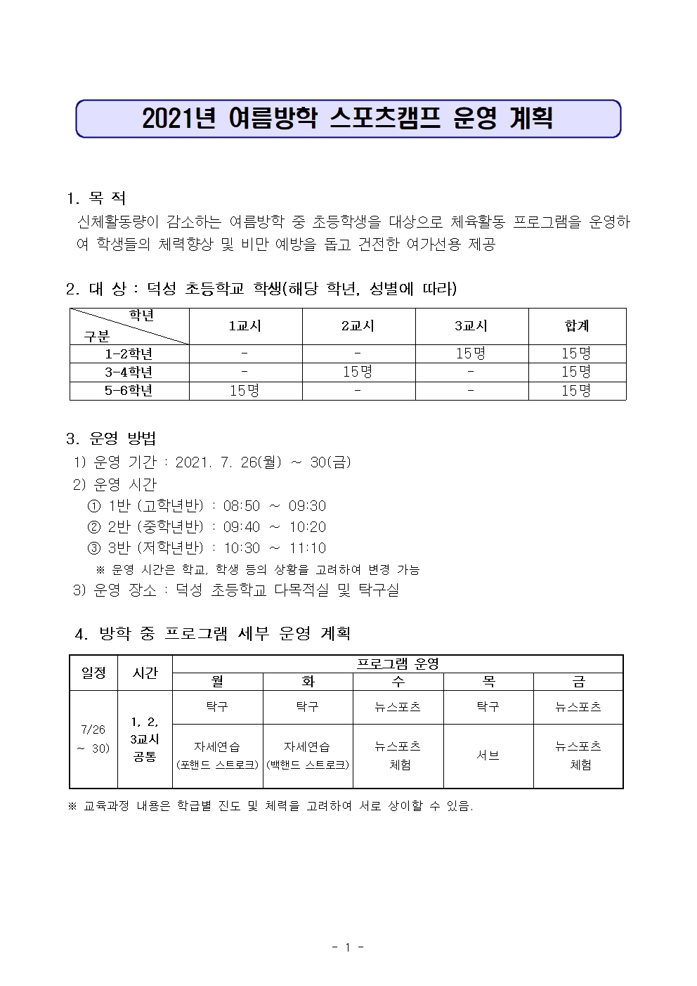 2021년 스포츠강사 여름방학 프로그램 운영 계획서001